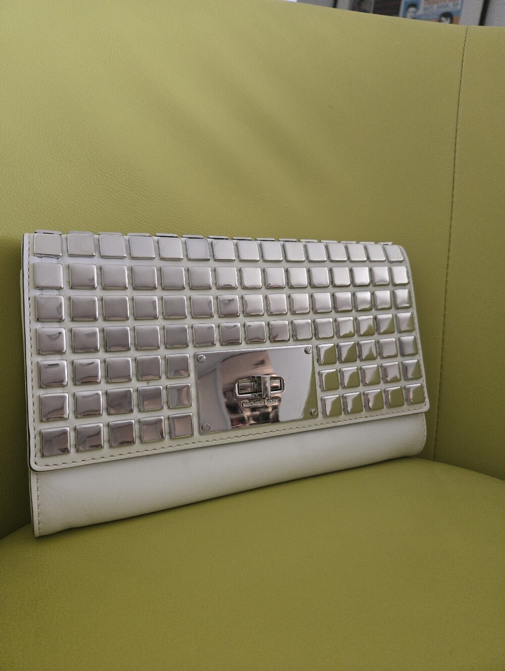 Michael Kors White Clutch with Silver Studded Grid, 9.5" × 6"